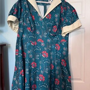 Unique Vintage Teal Floral Asymmetrical Dress with Cream Trim
